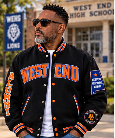West End premium wool jacket in black with orange lettering and Lions back graphic