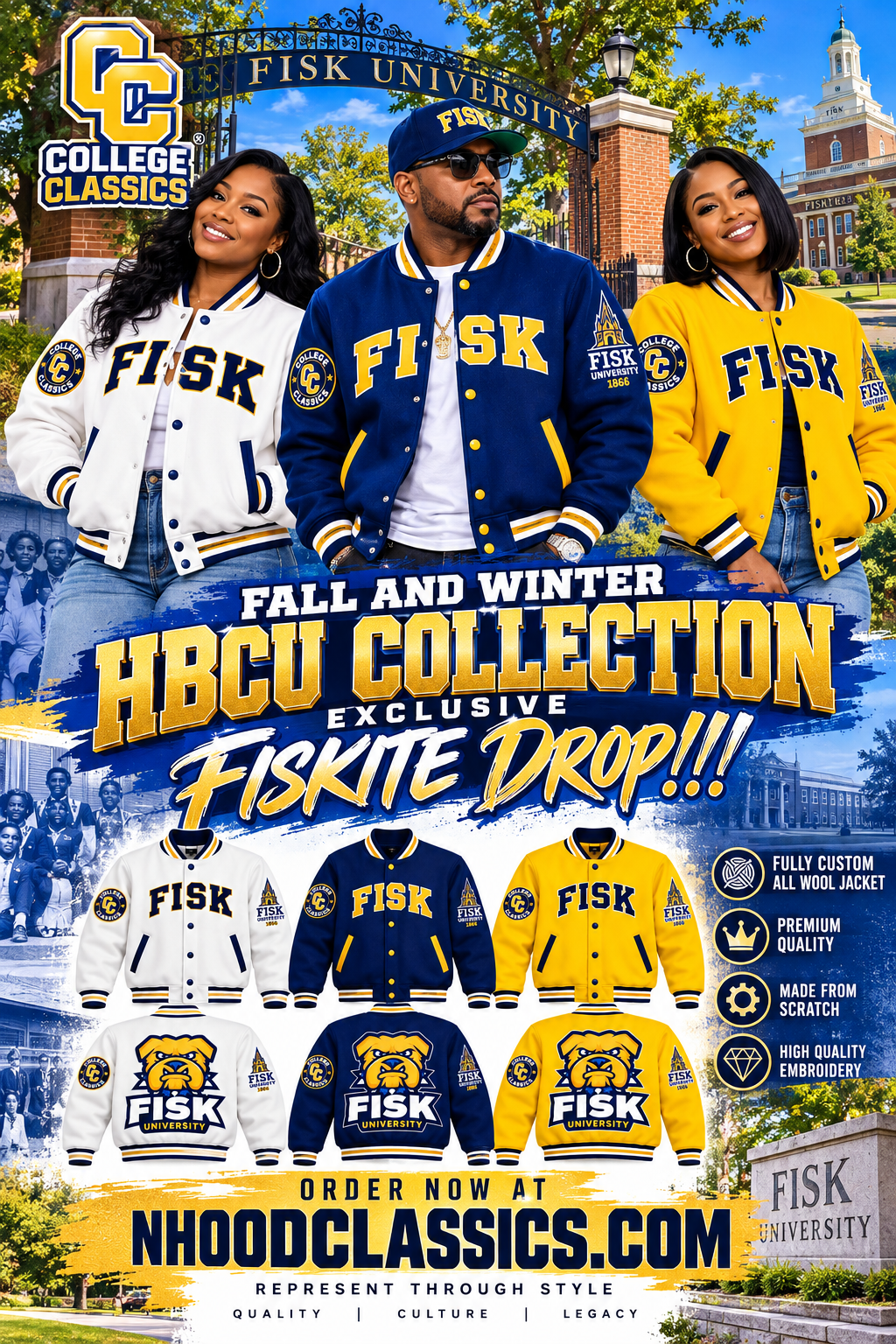 College Classics Fisk University HBCU Collection premium wool jackets — exclusive Fiskite drop, order now at nhoodclassics.com