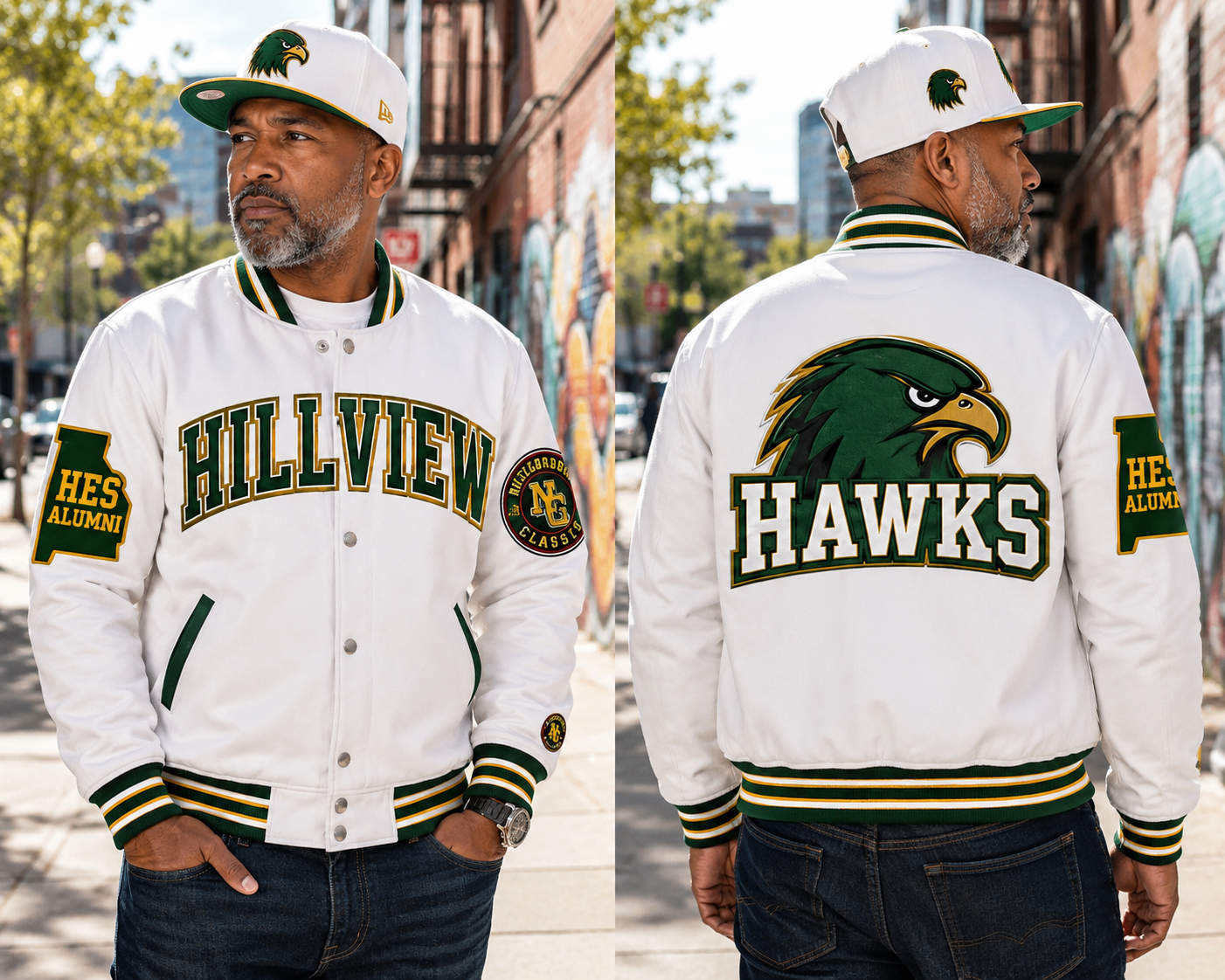 Hillview Hawks varsity jacket shown from front and back in white, green, and gold