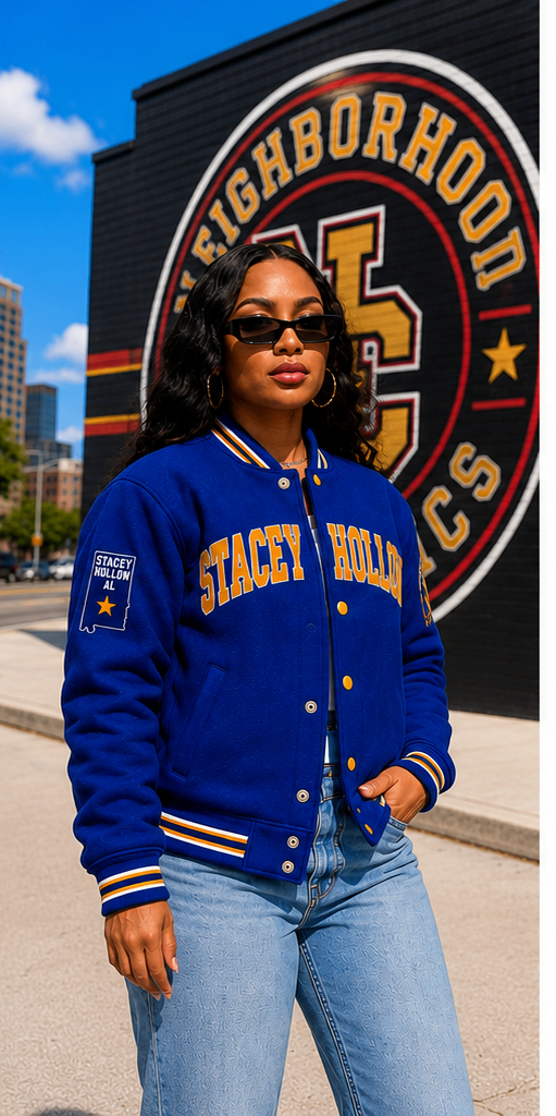 Stacey Hollow premium wool jacket in royal blue with gold accents