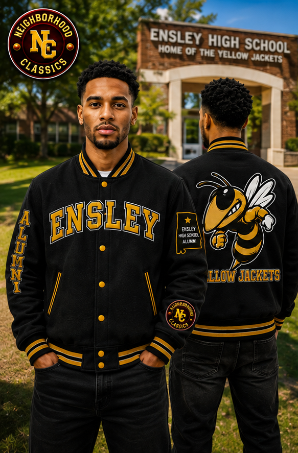 Ensley premium wool jacket in black with gold lettering and Yellow Jackets back graphic