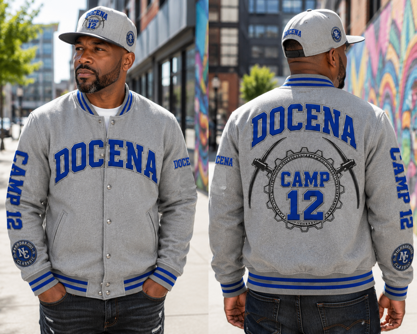 Docena Camp 12 varsity jacket shown from front and back in grey and royal blue