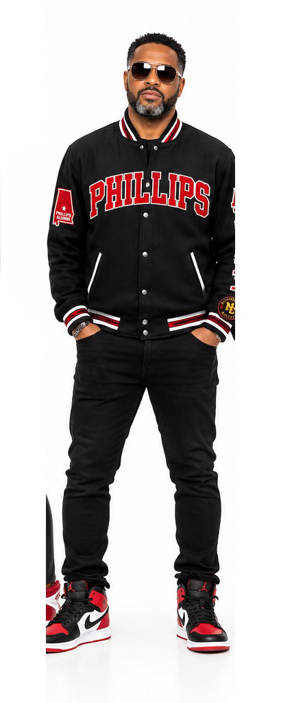 Phillips Red Raiders black jacket on model, front view