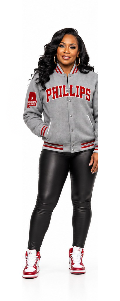 Phillips Red Raiders gray jacket on model, front view
