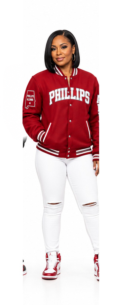 Phillips Red Raiders maroon jacket on model, front view